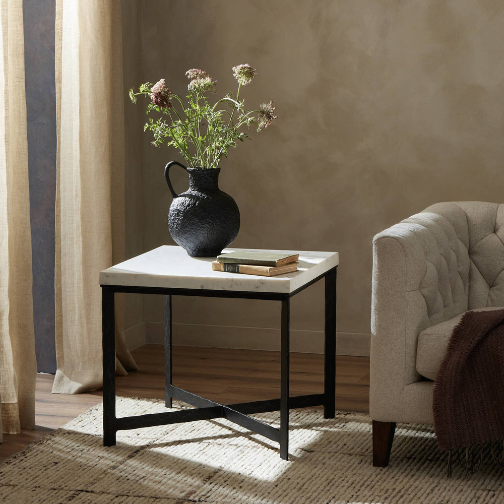 Hammered Iron End Table In White Marble