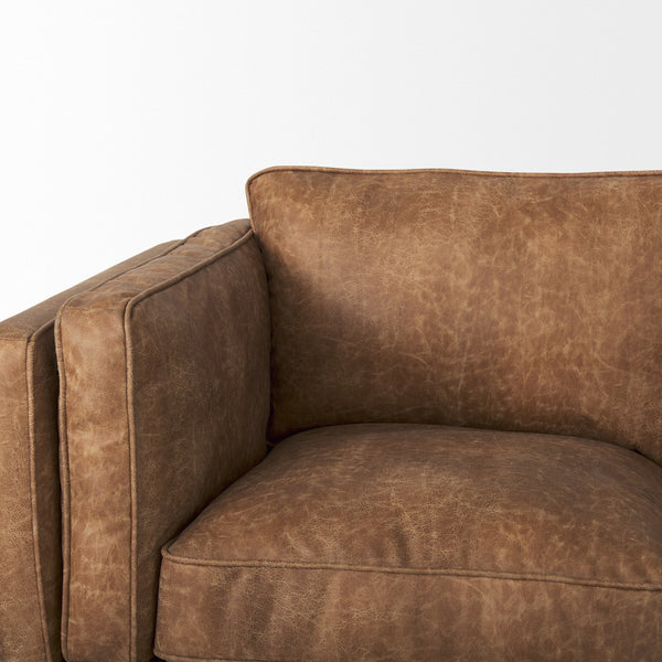 Brooks 90.2L x 34.8W x 33.5H Cognac Brown Faux Leather Three Seater Sofa W/ Medium Brown Wooden Legs