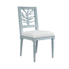 CORAL MOTIF BACK DINING CHAIR WITH WHITE LINEN SEAT IN MATTE LIGHT BLUE LACQUER
