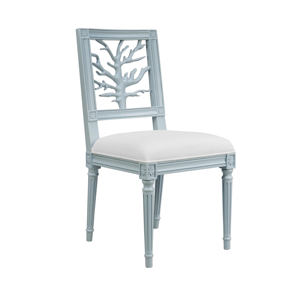 CORAL MOTIF BACK DINING CHAIR WITH WHITE LINEN SEAT IN MATTE LIGHT BLUE LACQUER
