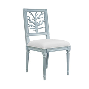 CORAL MOTIF BACK DINING CHAIR WITH WHITE LINEN SEAT IN MATTE LIGHT BLUE LACQUER