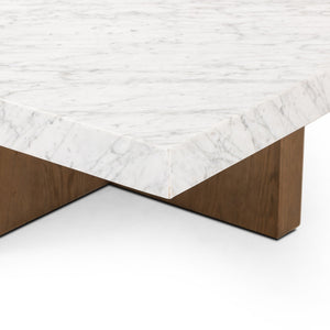 Bellamy Square Coffee Table In White Carrera Marble