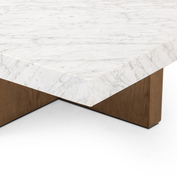 Bellamy Square Coffee Table In White Carrera Marble
