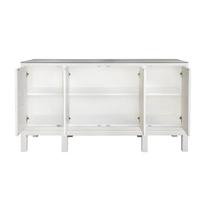 FOUR DOOR BUFFET WITH LARGE BRASS SQUARE HARDWARE IN WHITE TEXTURED LINEN