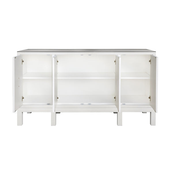 FOUR DOOR BUFFET WITH LARGE BRASS SQUARE HARDWARE IN WHITE TEXTURED LINEN