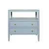 TWO DRAWER SIDE TABLE WITH OPEN TOP SHELF IN TEXTURED LIGHT BLUE LINEN WITH POLISHED BRASS KNOBS