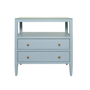 TWO DRAWER SIDE TABLE WITH OPEN TOP SHELF IN TEXTURED LIGHT BLUE LINEN WITH POLISHED BRASS KNOBS