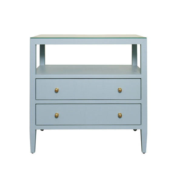 TWO DRAWER SIDE TABLE WITH OPEN TOP SHELF IN TEXTURED LIGHT BLUE LINEN WITH POLISHED BRASS KNOBS