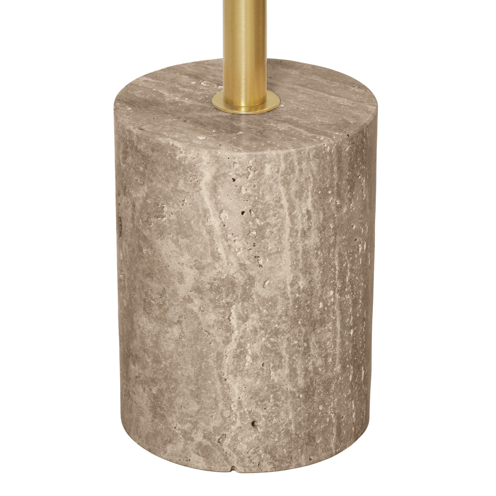 ROUND SIDE TABLE IN TRAVERTINE WITH STAINLESS STEEL POLE.