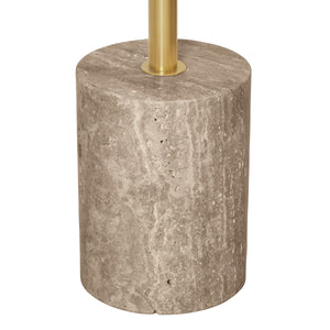 ROUND SIDE TABLE IN TRAVERTINE WITH STAINLESS STEEL POLE.