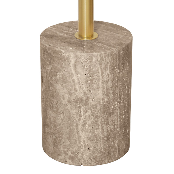 ROUND SIDE TABLE IN TRAVERTINE WITH STAINLESS STEEL POLE.
