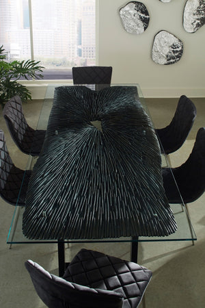 Chainsaw Dining Table with Glass, Chamcha Wood, Burnt Black, Black Iron U Legs