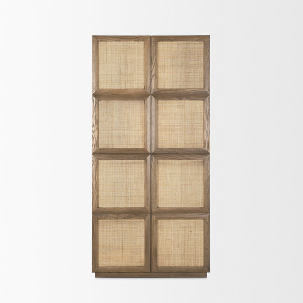 Sina Brown Oak Wood w/ Natural Rattan 2 Door Curio Cabinet