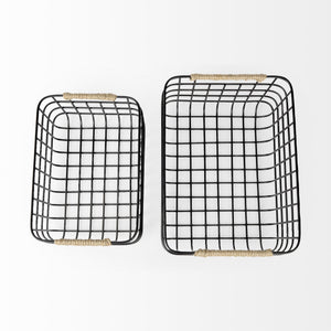 Marius 20.9L x 15.2W x 12.2 Set of Two Matte Black Metal W/ Rope Trim Rectangular Baskets