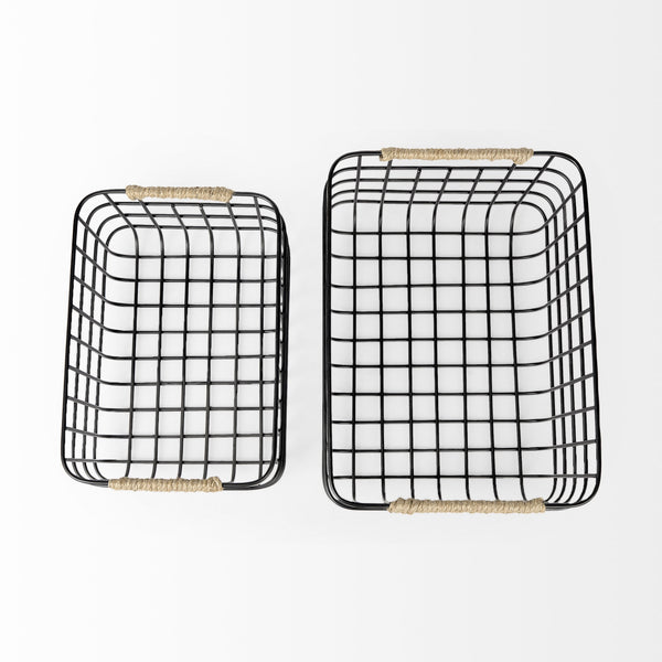 Marius 20.9L x 15.2W x 12.2 Set of Two Matte Black Metal W/ Rope Trim Rectangular Baskets