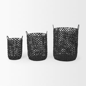 Lola 19.7L x 19.7W x 23.6 Set of 3 Black Water Hyacinth Zig Zag Weave Round Basket W/ Handles