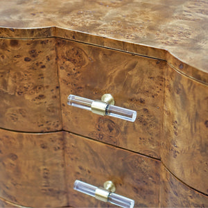 THREE DRAWER SIDE TABLE IN DARK BURL WOOD WITH ACRYLIC HARDWARE