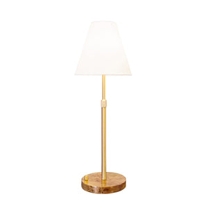 RECHAREABLE TABLE LAMP WITH ADJUSTABLE POLE IN BRASS AND WHITE LINEN SHADE