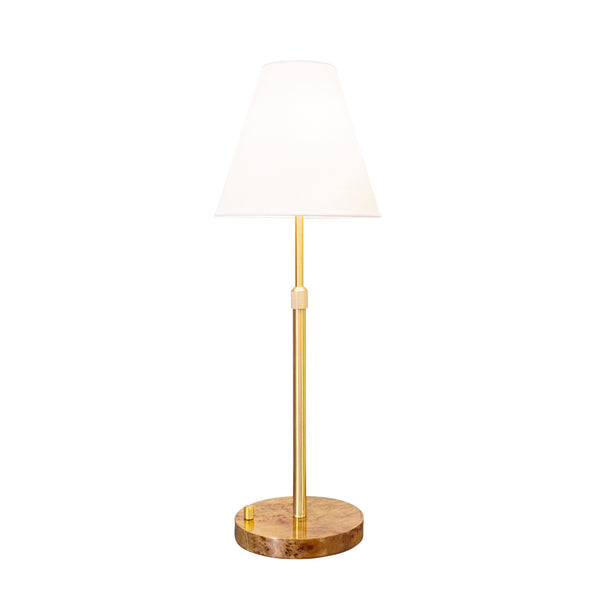 RECHAREABLE TABLE LAMP WITH ADJUSTABLE POLE IN BRASS AND WHITE LINEN SHADE