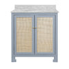 BATH VANITY IN MATTE LIGHT BLUE LACQUER WITH CANE FRONT DOORS, WHITE MARBLE TOP, PORCELAIN SINK, AND POLISHED BRASS KNOBS
