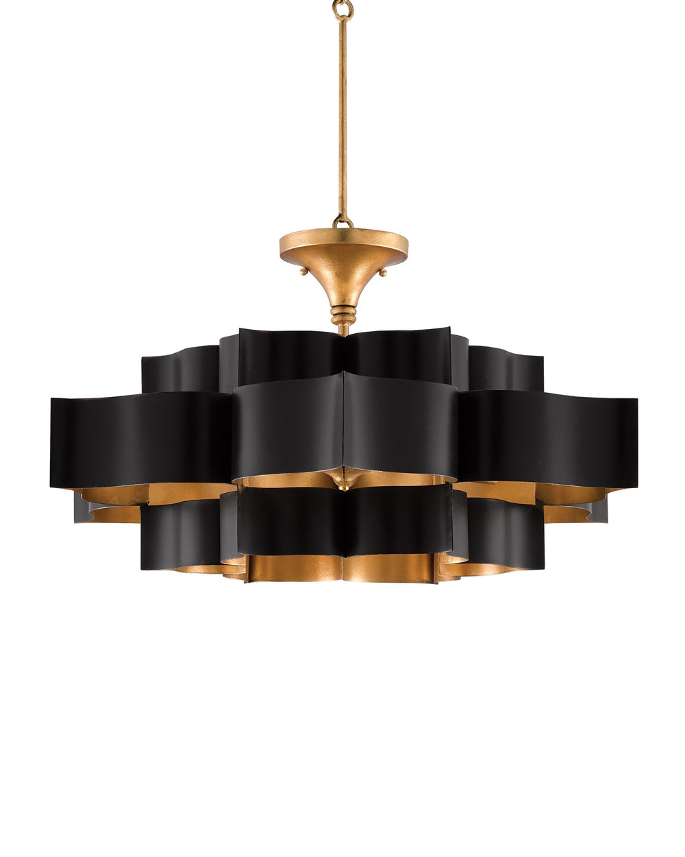 Grand Lotus Black Large Chandelier In Satin Black & Contemporary Gold Leaf