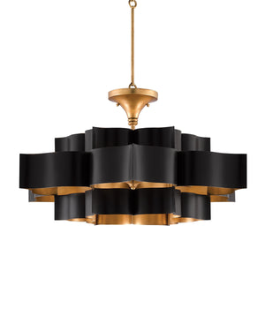 Grand Lotus Black Large Chandelier In Satin Black & Contemporary Gold Leaf