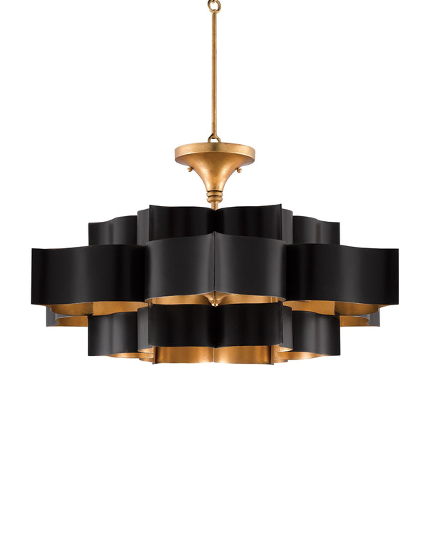 Grand Lotus Black Large Chandelier In Satin Black & Contemporary Gold Leaf