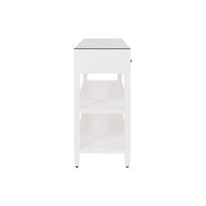 THREE DRAWER CONSOLE WITH TWO OPEN SHELVES IN WHITE TEXTURED LINEN WITH POLISHED BRASS KNOBS