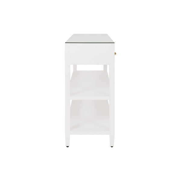 THREE DRAWER CONSOLE WITH TWO OPEN SHELVES IN WHITE TEXTURED LINEN WITH POLISHED BRASS KNOBS