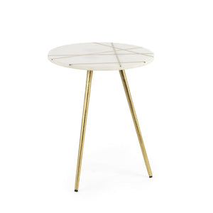 Vivienne  16.0L x 16.0W x 19.0H White Marble W/Antique Gold Metal Round Small Side Table
