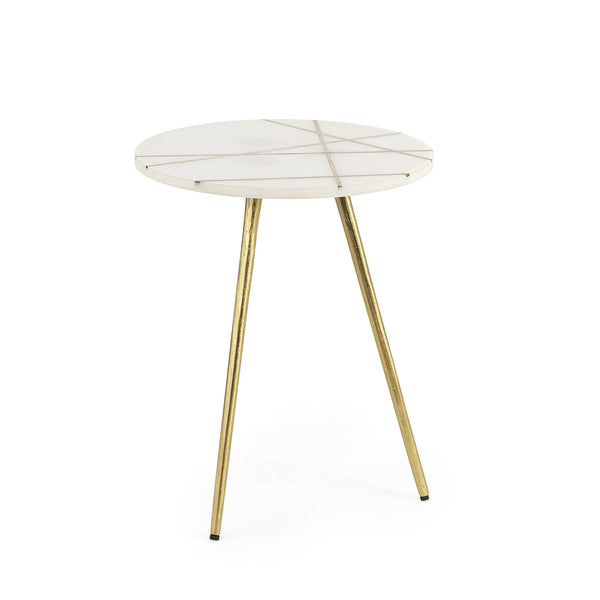 Vivienne  16.0L x 16.0W x 19.0H White Marble W/Antique Gold Metal Round Small Side Table