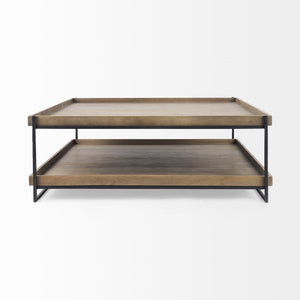 Trey 48x46 Rectangular Brown Solid Wood Top Table Black Metal Frame Two-Tier Coffee Table