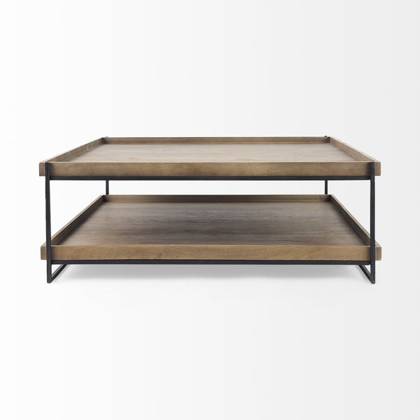 Trey 48x46 Rectangular Brown Solid Wood Top Table Black Metal Frame Two-Tier Coffee Table