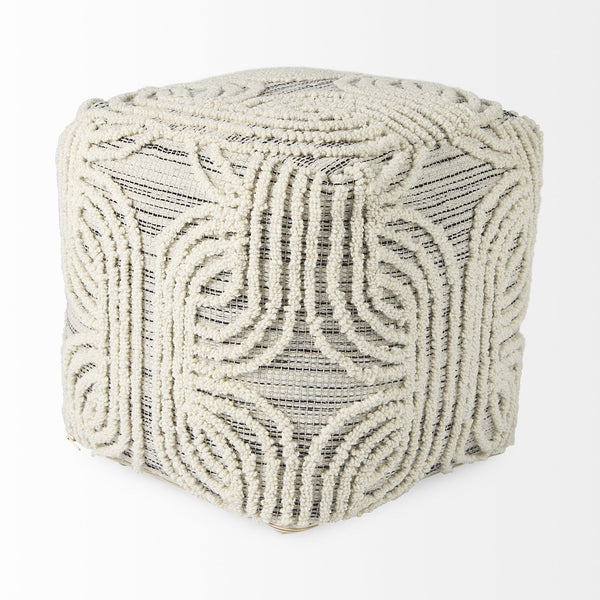 Amaya 16.0L x 16.0W x 16.0H Cream/Black/Gray Wool and Cotton Pouf