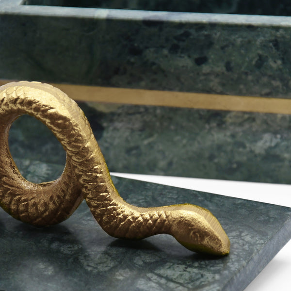 GREEN MARBLE BOX WITH BRUSHED BRASS DETAIL AND BRASS SNAKE HANDLE