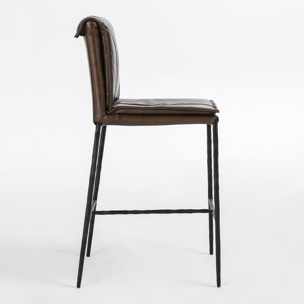 Mayer Leather Counter Stool with Hammered Iron Legs
