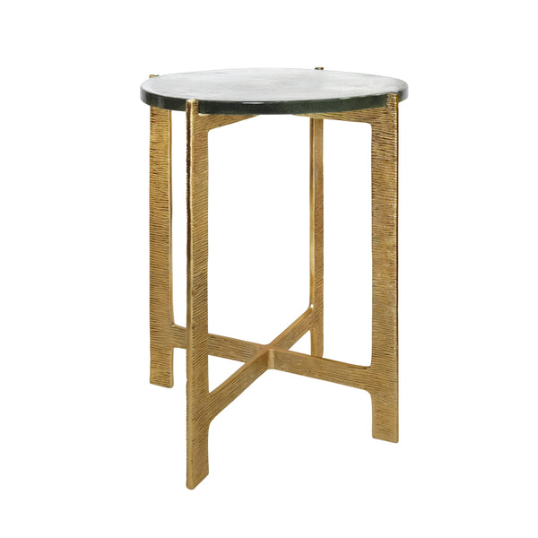 ROUND SIDE TABLE WITH HAMMERED BRASS BASE AND THICK POURED GLASS TOP