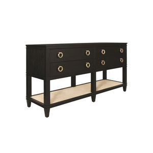 FOUR DRAWER CONSOLE WITH OPEN CANE SHELF IN BLACK OAK