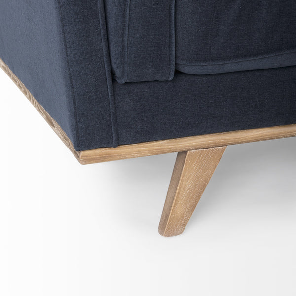 Brooks 90.2L x 34.8W x 33.5H Navy Blue Fabric Three Seater Sofa W/ Medium Brown Wooden Legs