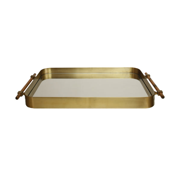 ANTIQUE BRASS FRAME TRAY W INSET MIRROR
