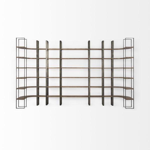 Taunton 80L x 10.5W x 90H Medium Brown Wood W/ Antique Nickel Metal Frame 6 Tier Shelving Unit