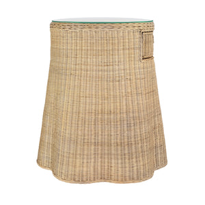 ONE DRAWER ROUND SIDE TABLE WITH FLARED SCALLOPED BASE IN RATTAN WITH GLASS TOP