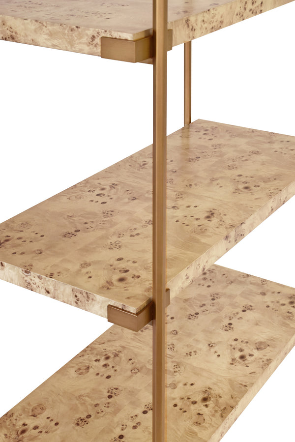 ANTIQUE BRASS ETAGERE WITH SHELVES IN BURL WOOD
