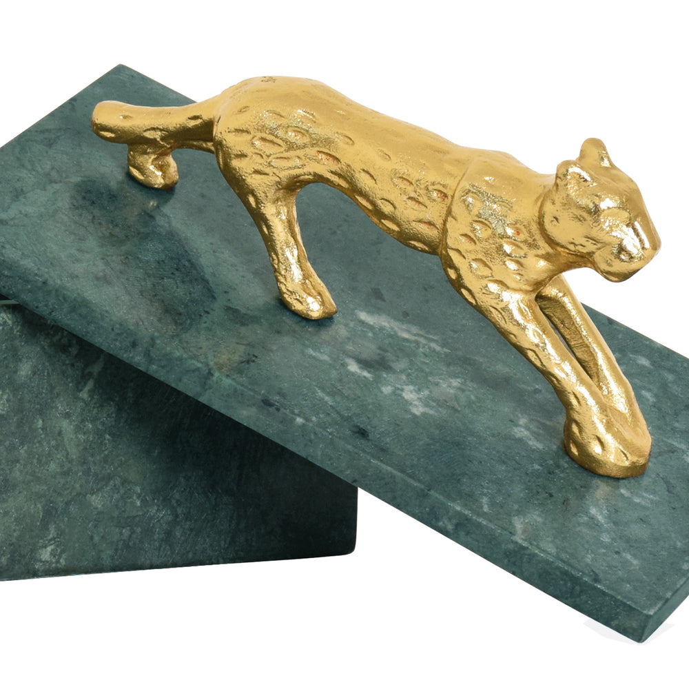 GREEN MARBLE BOX WITH BRASS JAGUAR HANDLE