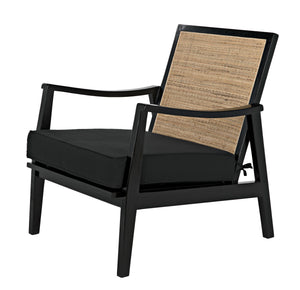 Lichtenstein Sungkai and Mindi Wood Chair with Peeled Rattan Detailing in Charcoal Black with Black Cotton Upholstery