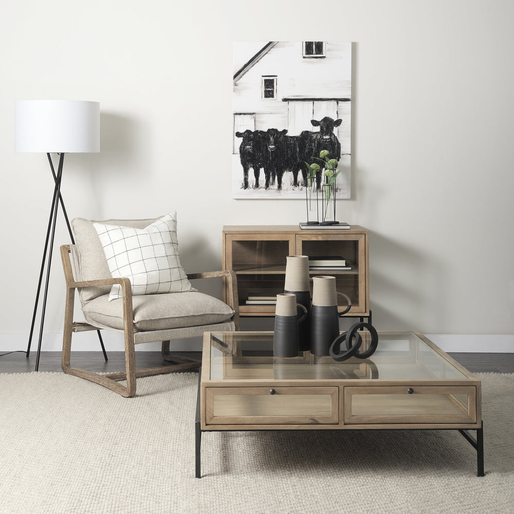 Arelius 36L x 18W x 32H Light Brown Wood, Black Metal Base w/ 2 Glass Doors Accent Cabinet
