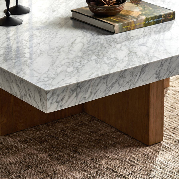 Bellamy Square Coffee Table In White Carrera Marble