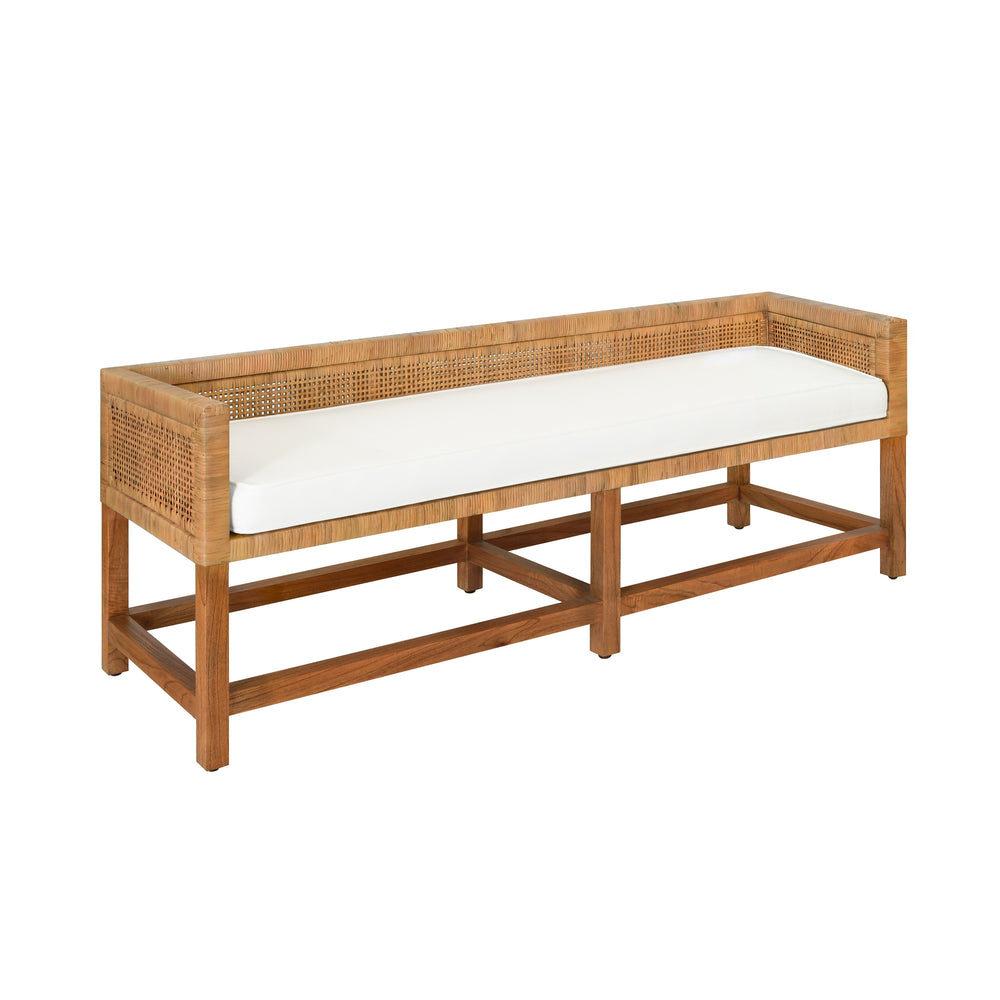 CANE BENCH WITH LOW SEAT BACK AND IVORY LINEN CUSHION