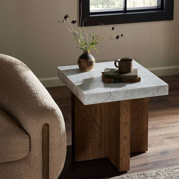 Bellamy End Table In White Carrera Marble