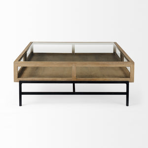 Arelius 42" Square Glass-Top Light Brown w/ Black Metal Base Display Coffee Table